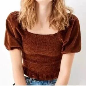 American Eagle Outfitters Chocolate Brown Smocked Corduroy puff-sleeve blouse S